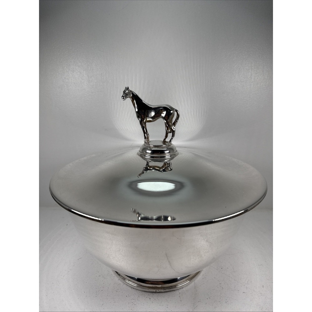 Authentic Vintage silver horse racing bowls Costume Horse On The Lid‎ Unique.